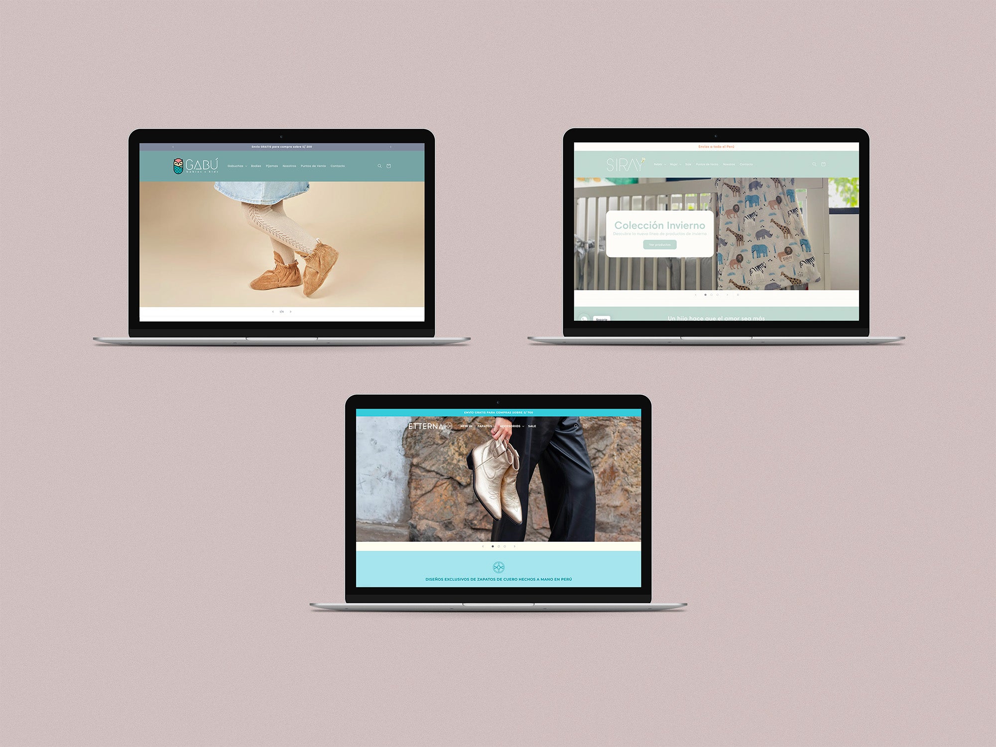 Tres laptops abiertas. En sus pantallas de izquierda a derecha se muestran las páginas web de las marcas: Gabú, Etterna y Siray.