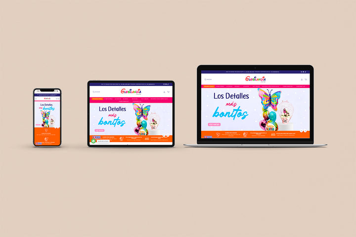 Un Iphone, un Ipad y una laptop mostrando cada uno el inicio de la página web de Globilandia. Los tres dispositivos están uno al lado del otro sobre un fondo color entero beige. 