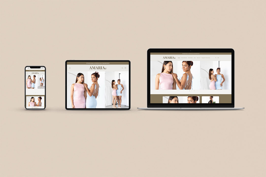 Imagen de un iphone, un ipad y una laptop con la web de Amaria en sus pantallas.