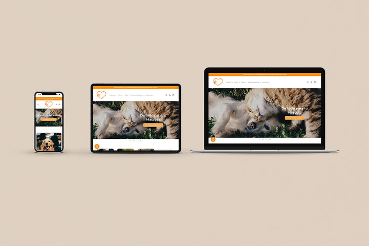 Imagen de un iphone, un ipad y una laptop con la web de Amor Animal en sus pantallas.
