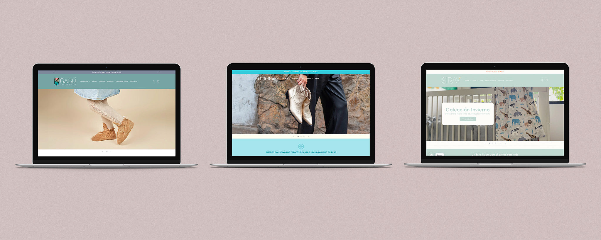Tres laptops abiertas. En sus pantallas de izquierda a derecha se muestran las páginas web de las marcas: Gabú, Etterna y Siray.
