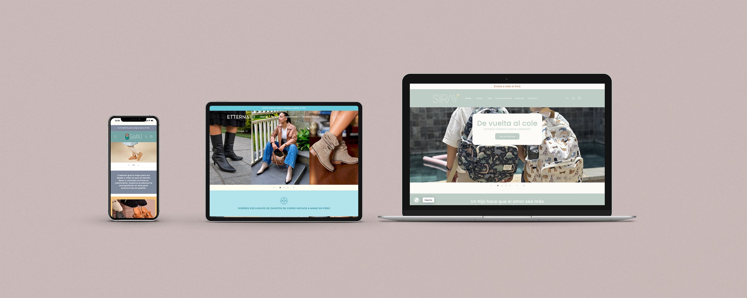 Un iphone, un ipad y una laptop abierta sobre un fondo color entero. En la pantalla del iphone se muestra la página web de las marca Gabú, en la pantalla del ipad se muestra la página web de la marca Etterna y en la laptop se muestra la página web de la marca Siray.