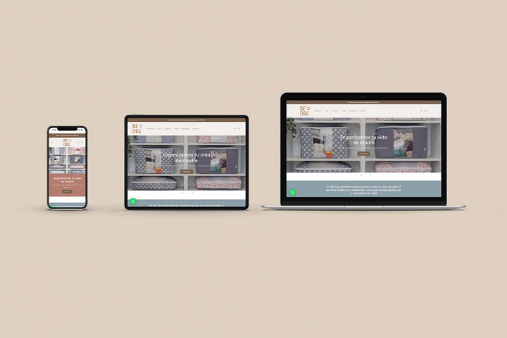 Imagen de un iphone, un ipad y una laptop con la web de Be Org en sus pantallas.