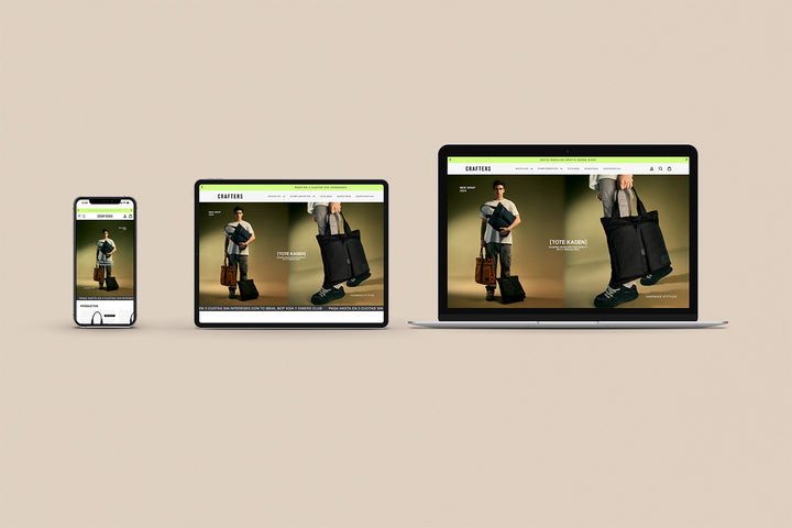 Imagen de un iphone, un ipad y una laptop con la web de Crafters en sus pantallas.