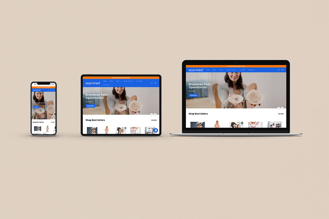 Imagen de un iphone, un ipad y una laptop con la web de Easymed en sus pantallas.