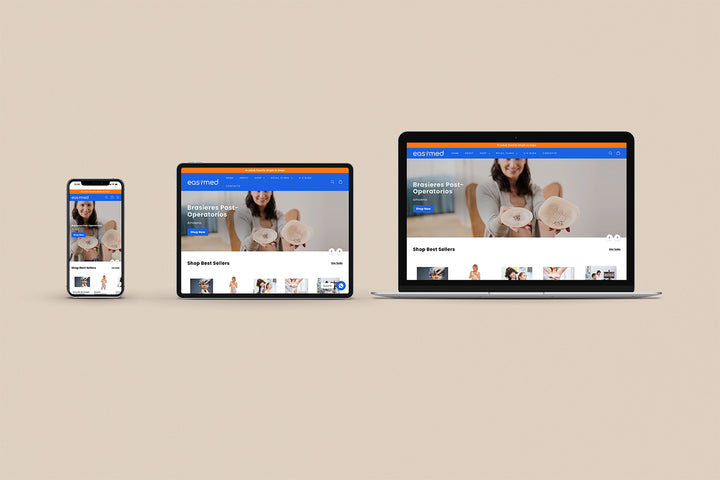 Imagen de un iphone, un ipad y una laptop con la web de Easymed en sus pantallas.