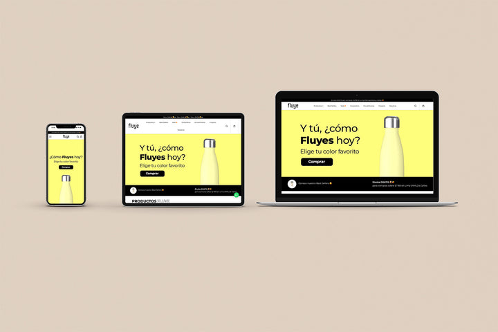 Imagen de un iphone, un ipad y una laptop con la web de Fluye en sus pantallas.