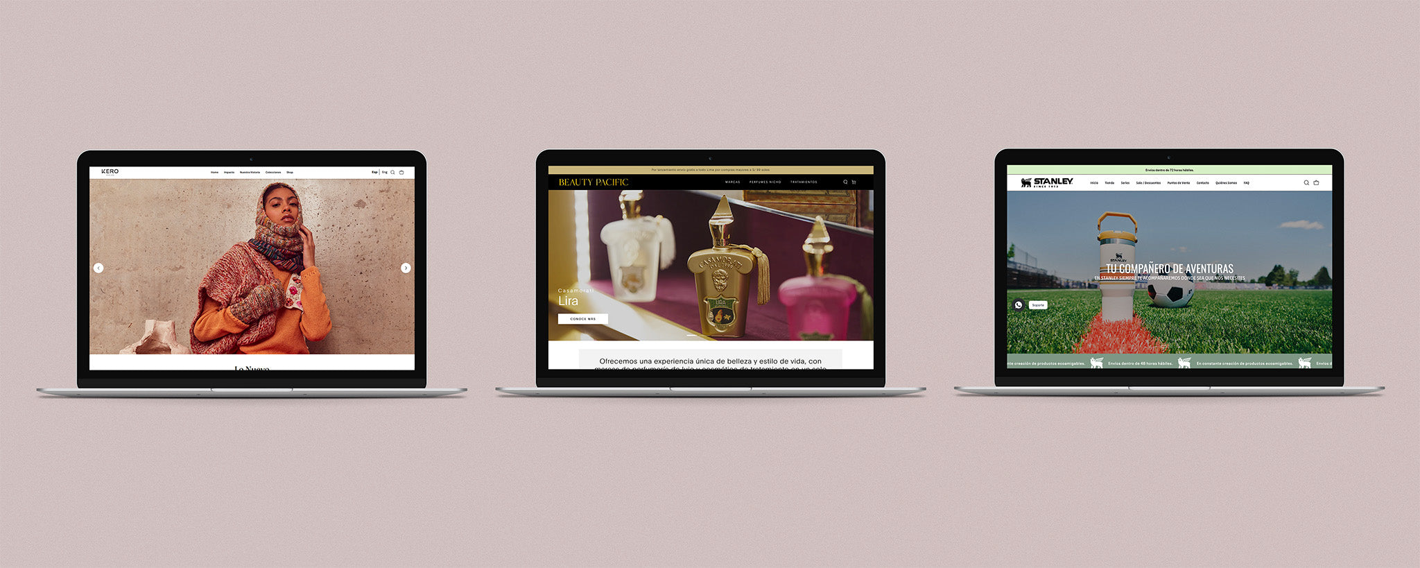 Tres laptops abiertas. En sus pantallas de izquierda a derecha se muestran las páginas web de las marcas: Stanley, Kero Design y Beauty Pacific.
