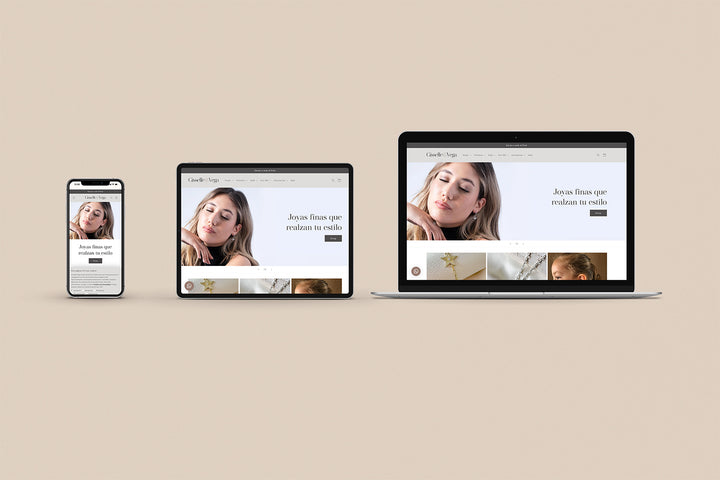 Imagen de un iphone, un ipad y una laptop con la web de Gisselle Vega Joyas en sus pantallas.