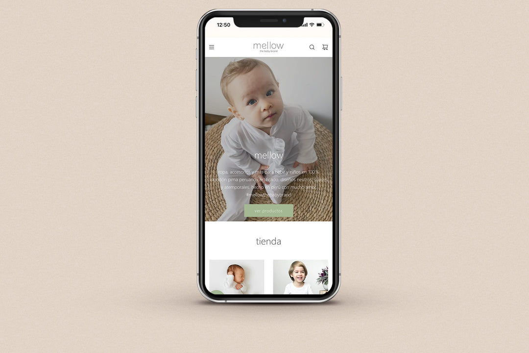 Imagen de un iphone con la web de Mellow en su pantalla.