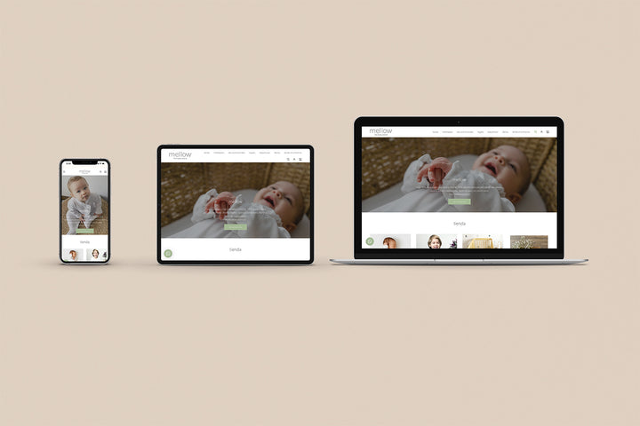 Imagen de un iphone, un ipad y una laptop con la web de Mellow en sus pantallas.