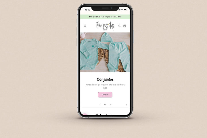Imagen de un iphone con la web de Pompositas en su pantalla.