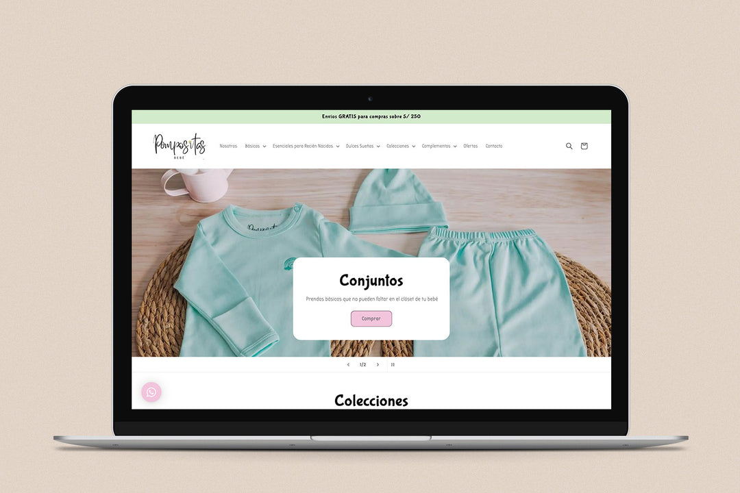 Imagen de una laptop con la web de Pompositas en su pantalla.