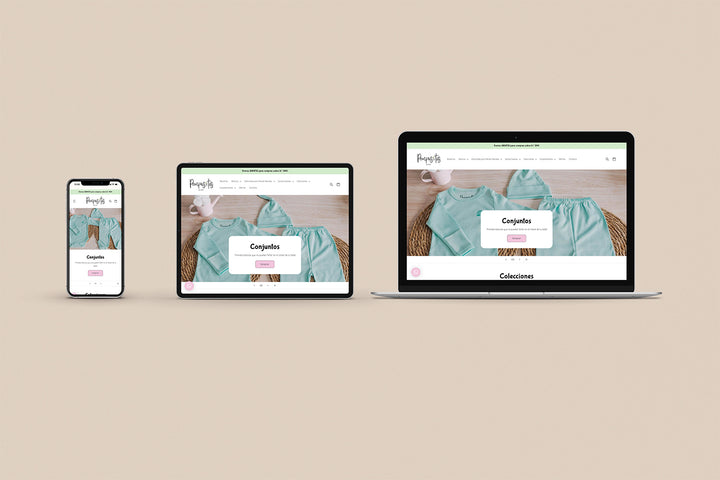 Imagen de un iphone, un ipad y una laptop con la web de Pompositas en sus pantallas.