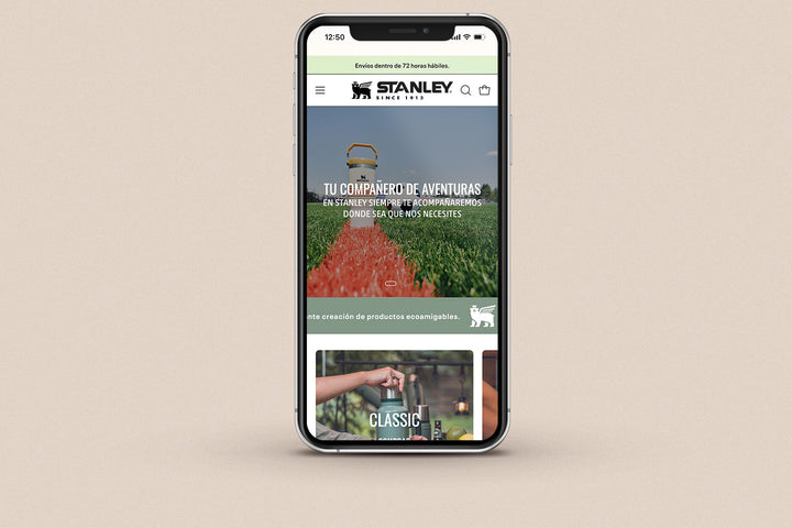 Imagen de un iphone con la web de Stanley en su pantalla.