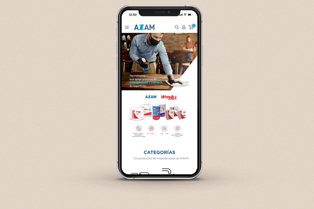 Imagen de un iphone con la web de  Axam en su pantalla.