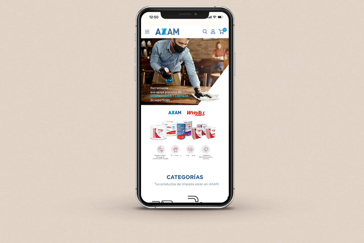 Imagen de un iphone con la web de  Axam en su pantalla.