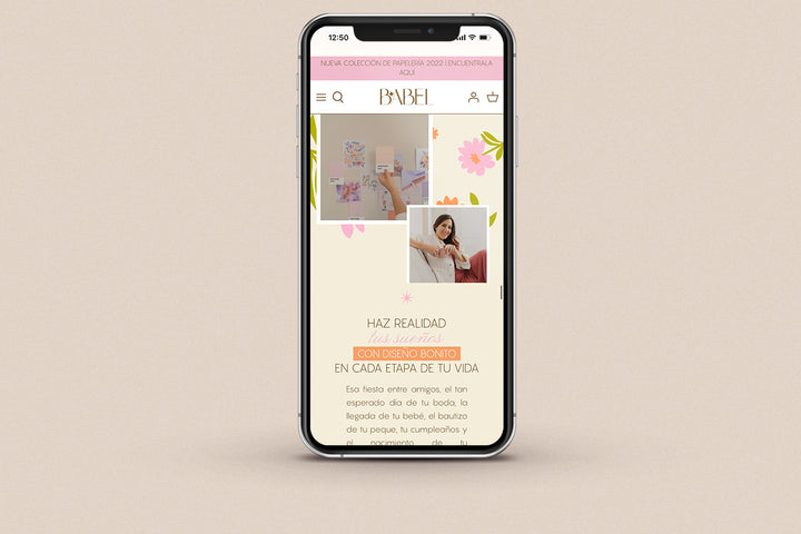 Imagen de un iphone con la web de Babel en su pantalla.