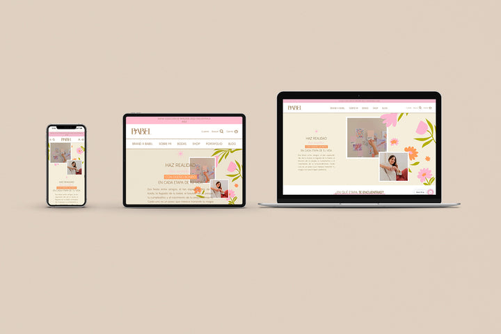 Un Iphone, un Ipad y una laptop mostrando cada uno el inicio de la página web de Babel. Los tres dispositivos están uno al lado del otro sobre un fondo color entero beige. 