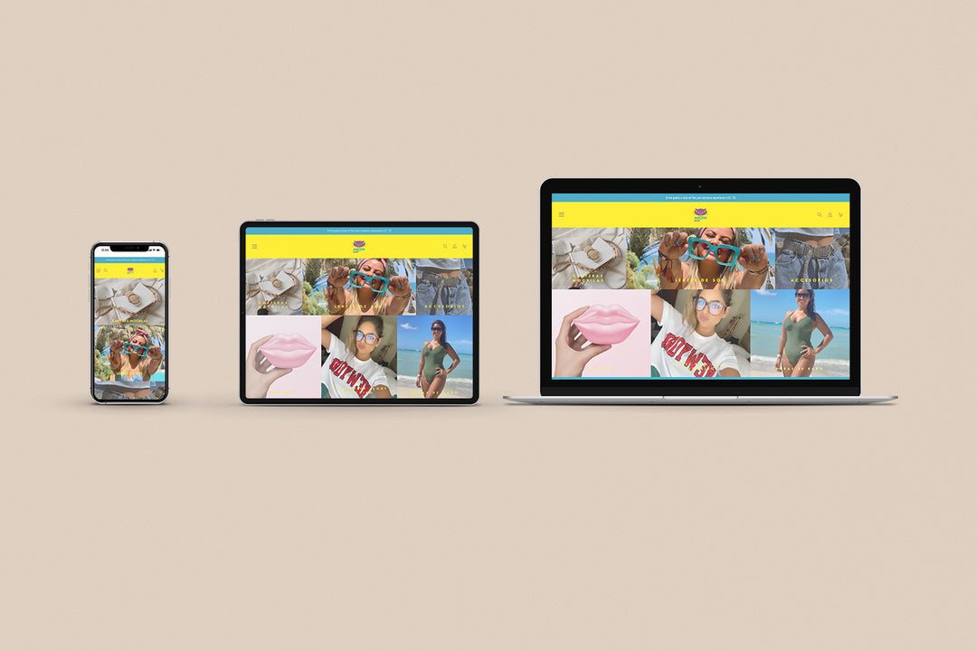 Un Iphone, un Ipad y una laptop mostrando cada uno el inicio de la página web de Meow Shop. Los tres dispositivos están uno al lado del otro sobre un fondo color entero beige. 