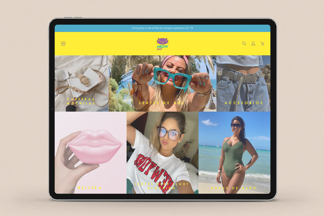 Imagen de un ipad con la web de Meow Shop en su pantalla.