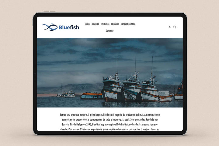Imagen de un ipad con la web de Blue Fish en su pantalla.