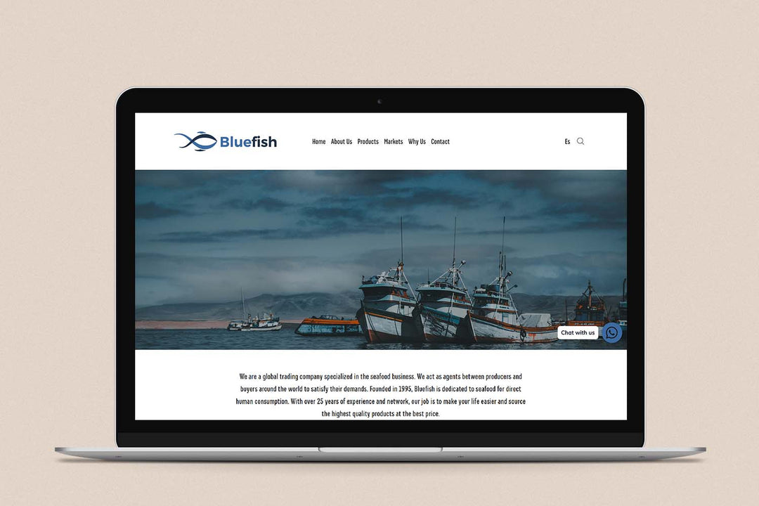 Imagen de una laptop con la web de Blue Fish en su pantalla.