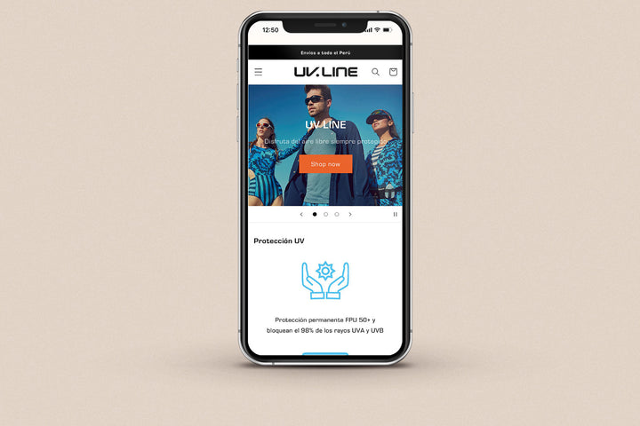 Imagen de un iphone con la web de UV Line en su pantalla.