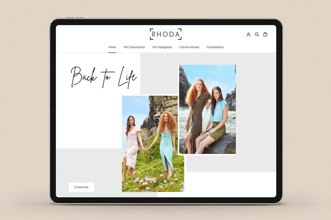 Imagen de un ipad con la web de Rhoda en su pantalla.
