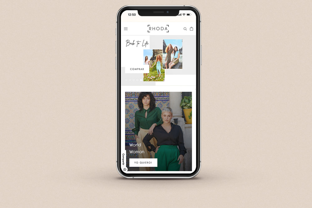 Imagen de un iphone con la web de Rhoda en su pantalla.