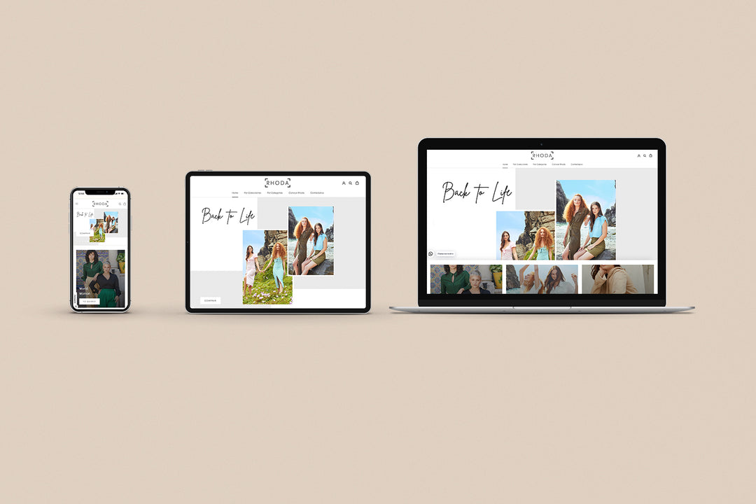 Un Iphone, un Ipad y una laptop mostrando cada uno el inicio de la página web de Rhoda. Los tres dispositivos están uno al lado del otro sobre un fondo color entero beige. 